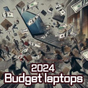 Chaotic shopping scene with people and items flying out from an oversized laptop screen, symbolizing the rush for 2024 budget laptops.