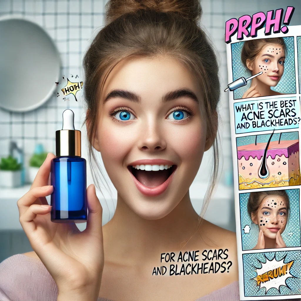 A realistic magazine-style photo of a young woman with bright blue eyes and clear skin, holding a blue bottle of serum in a clean, bright bathroom. She has an exaggeratedly happy expression, showcasing her smooth, flawless skin. Around her are comic-style graphics showing the disappearance of acne scars and blackheads. The title 'What is the Best Serum for Acne Scars and Blackheads?' is displayed in an illustrated font, with additional text 'For Acne Scars and Blackheads?' and comic exclamations 'PRPH!' and 'WHOH!