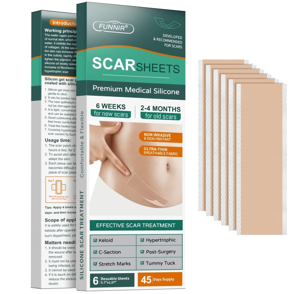 Silicone Scar Sheets, Tape, Strips - Healing Keloid, C-Section and Tummy Tuck - As Surgical Cream, Gel, Patch, Bandage, Pad - Surgery Scars Treatment 5.7x1.57 - 6 Pack