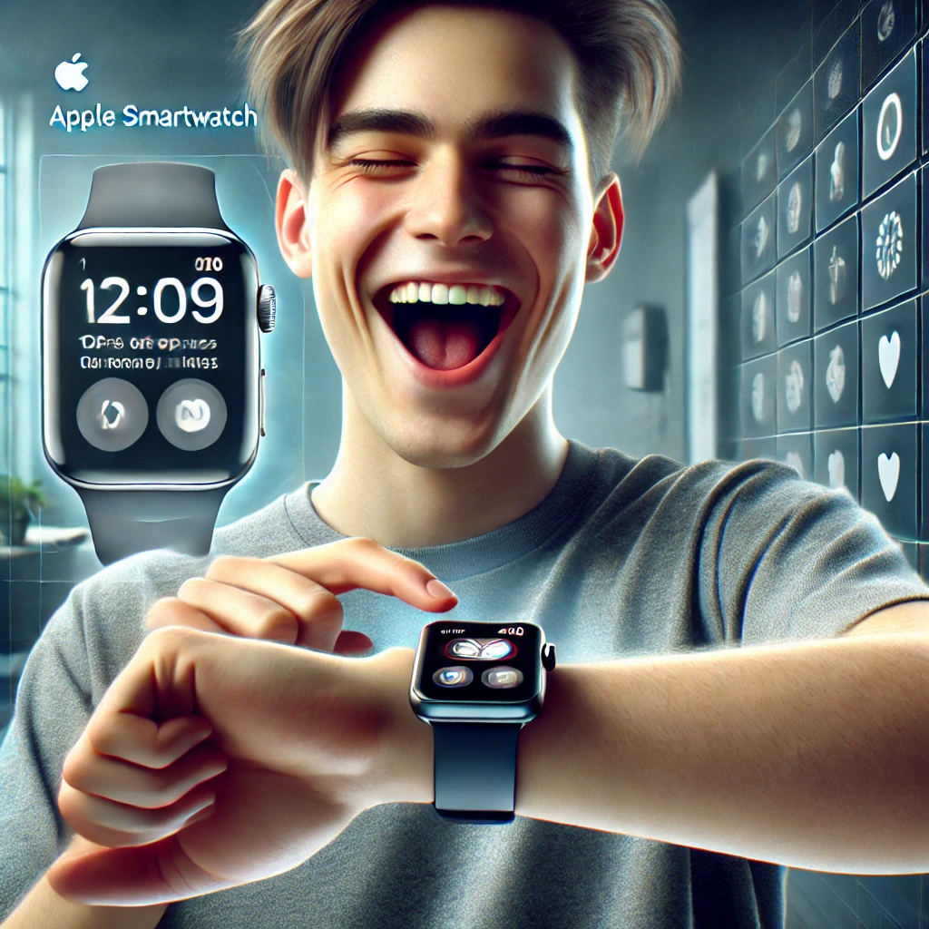 A realistic image of a person happily wearing an Apple smartwatch. The person is making an excited and happy expression, with a background that emphasizes modern technology and a sleek lifestyle. The focus is on the joy and satisfaction of using the Apple smartwatch.