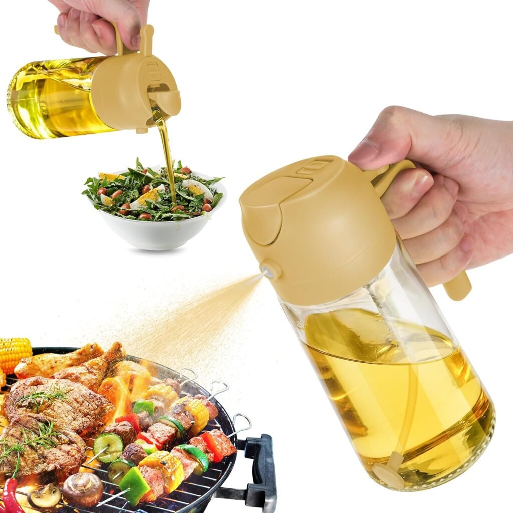 16oz Oil Dispenser Bottle for Kitchen - 2 in 1 Olive Oil Dispenser and Oil Sprayer - 470ml Olive Oil Bottle - Oil Sprayer for Cooking, Kitchen, Salad, Barbecue Yellow