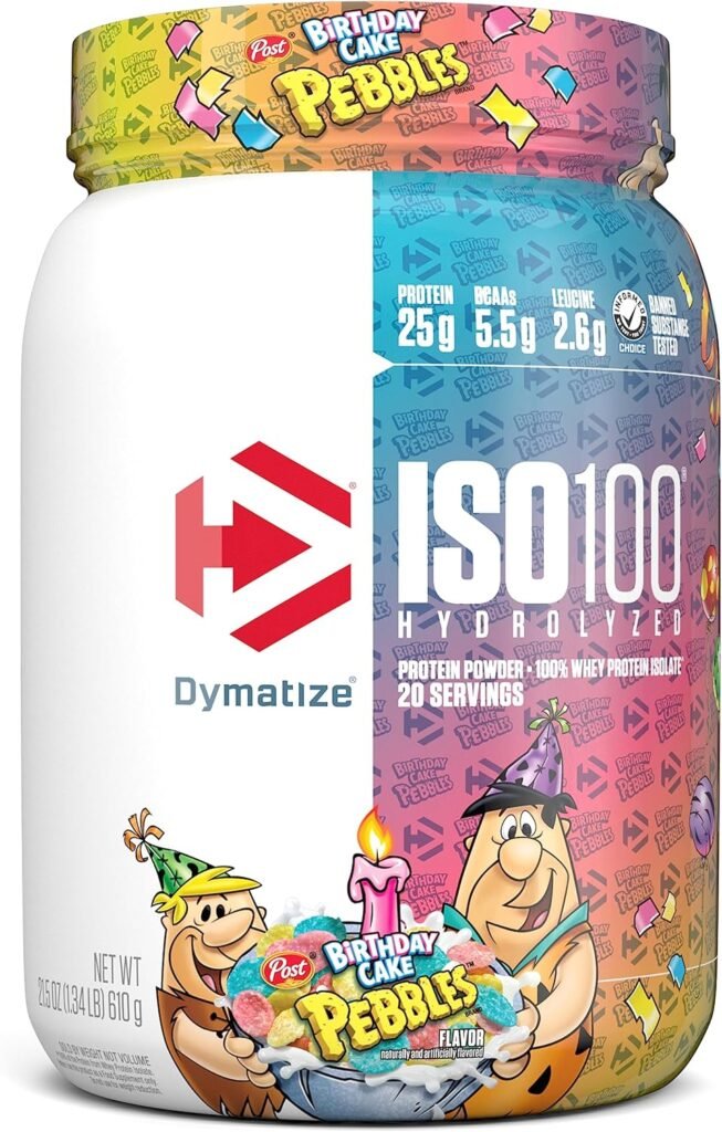 Dymatize ISO 100 Whey Protein Powder with 25g of Hydrolyzed 100% Whey Isolate, Gluten Free, Fast Digesting, Birthday Cake Pebbles, 20 Servings