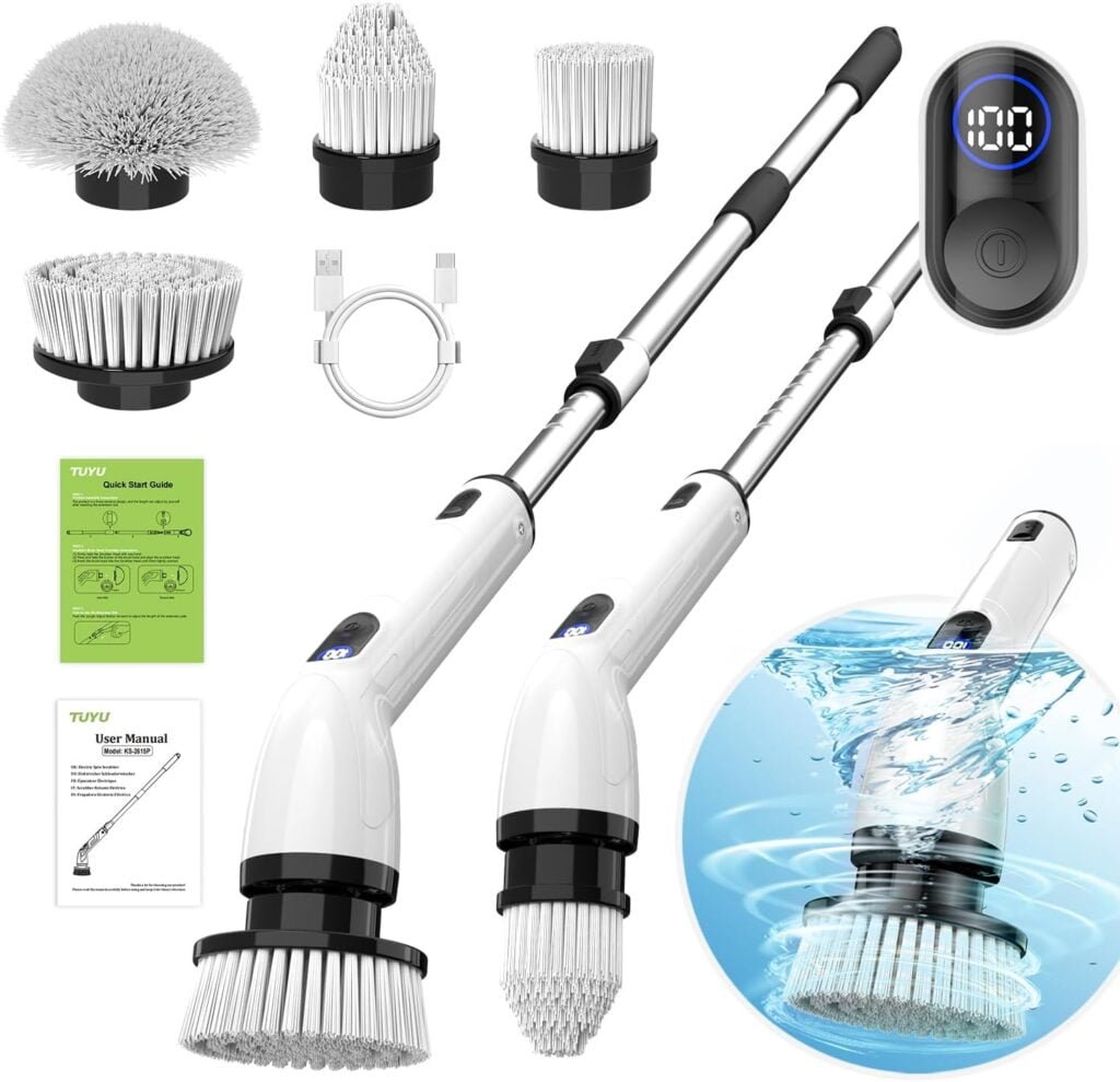 Electric Spin Scrubber, 2024 New Full-Body IPX7 Waterproof Bathroom Scrubber with Power LCD Display, Adjustable Extension Handle, Cordless Electric Cleaning Brush for Bathroom, Kitchen Cleaning