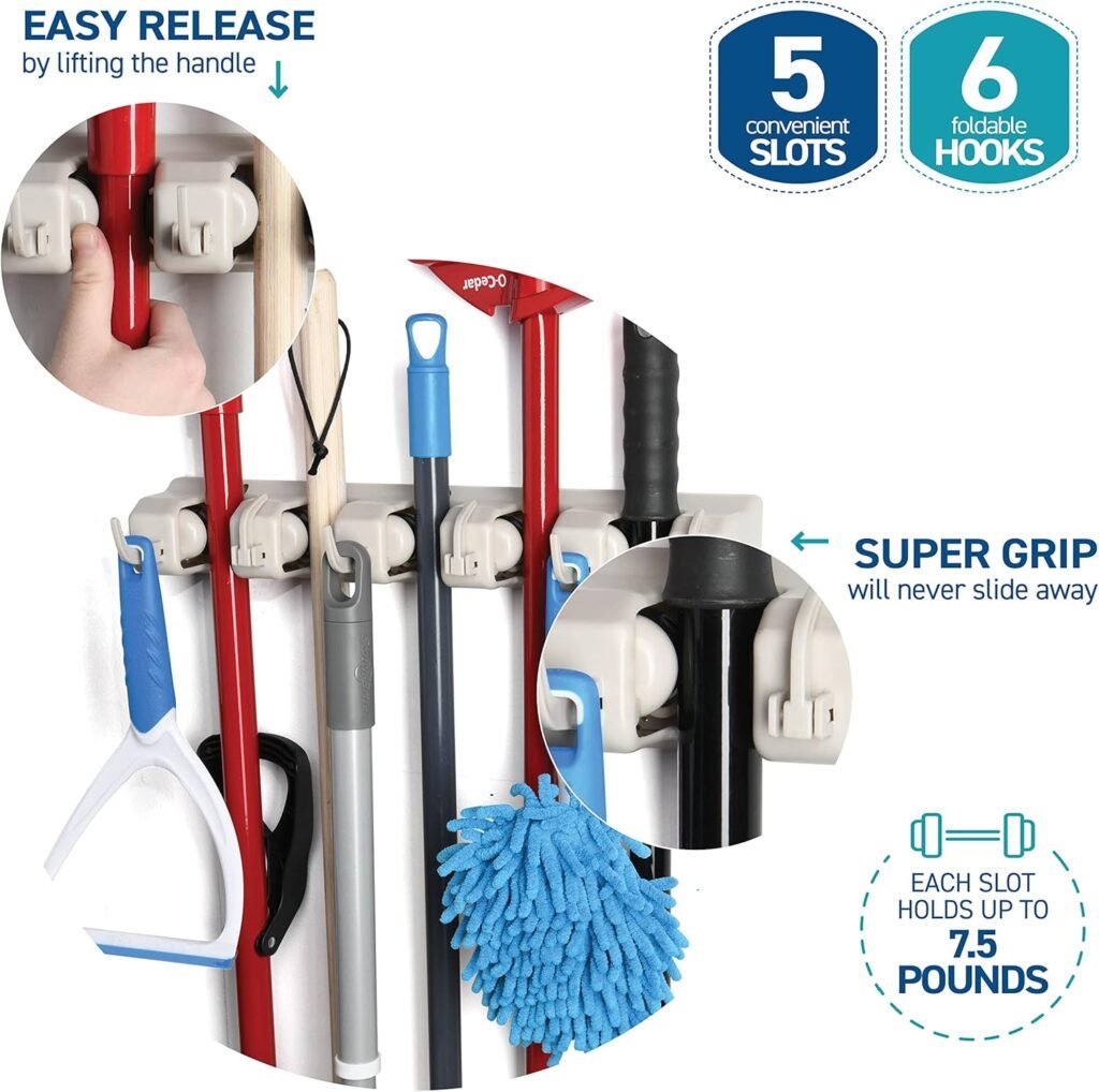 HOME IT Mop And Broom Holder - Garage Storage Systems with 5 Slots, 6 Hooks, 7.5lbs Capacity Per Slot - Garden Tool Organizer For 11 Tools - For Home, Kitchen, Closet, Laundry Room - Off-White