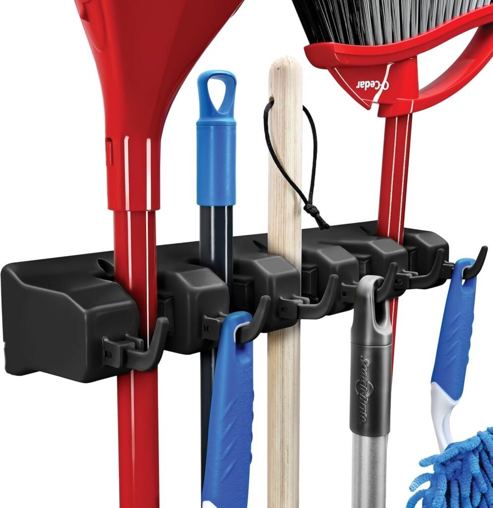 HOME IT Mop And Broom Holder - Garage Storage Systems with 5 Slots, 6 Hooks, 7.5lbs Capacity Per Slot - Garden Tool Organizer For 11 Tools - For Home, Kitchen, Closet, Laundry Room - Off-White