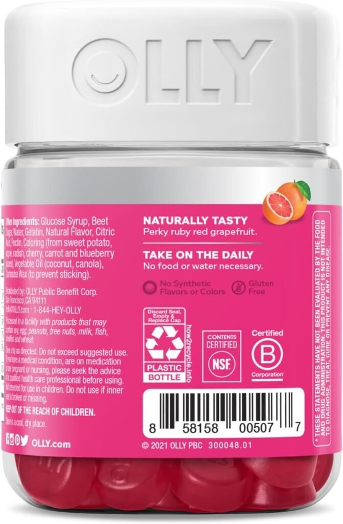 OLLY Undeniable Beauty Gummy, For Hair, Skin, Nails, Biotin, Vitamin C, Keratin, Chewable Supplement, Grapefruit, 30 Day Supply - 60 Count