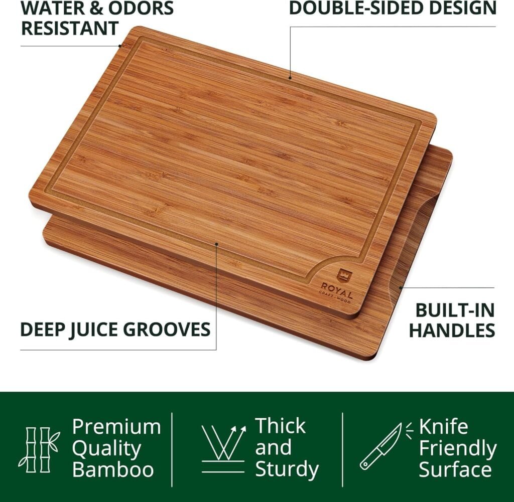 ROYAL CRAFT WOOD Cutting Boards for Kitchen - Bamboo Cutting Board Set of 3, Cutting Boards with Juice Grooves, Serving Board Set, Thick Chopping Board for Meat, Veggies, Easy Grip Handle