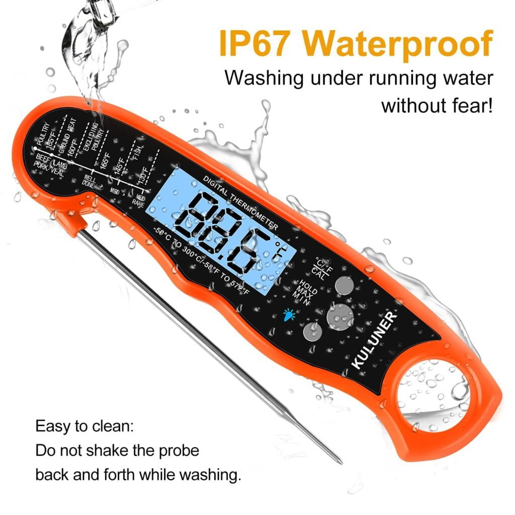 TP-01 Waterproof Digital Instant Read Meat Thermometer with 4.6” Folding Probe Backlight  Calibration Function for Cooking Food Candy, BBQ Grill, Liquids,Beef(Orange)