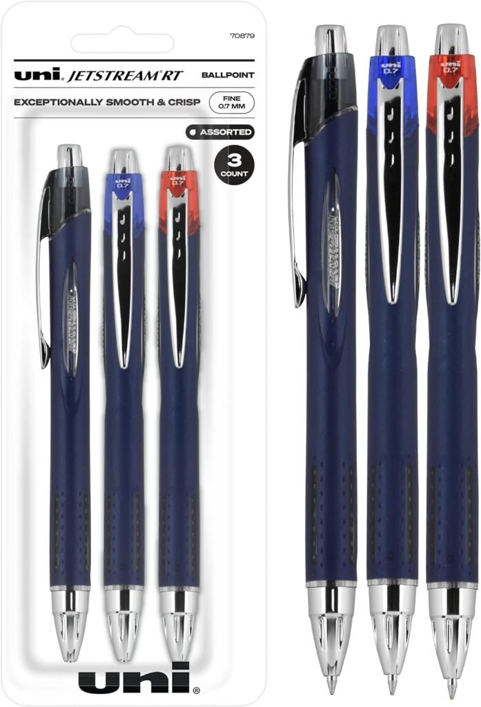 Uniball Jetstream RT 3 Pack, 0.7mm - Black, Blue and Red Ballpoint Pens - Wirecutter Best Pen, School Pens, Ballpoint Ink Pens - Ballpoint Pen, Colored Pens, School Supplies, Smooth Writing Pens