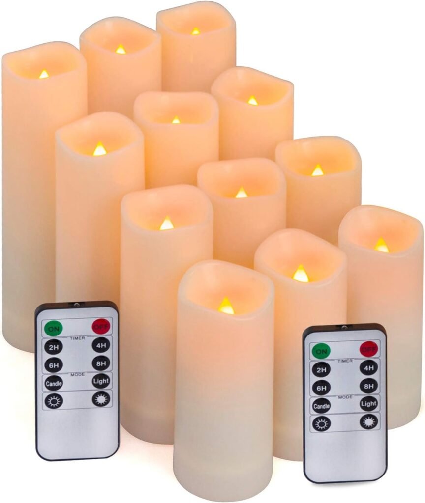 Aignis Flameless LED Candles with 10-Key Remote  Timer, Outdoor Indoor Waterproof Battery Operated Candles for Home/Birthday/Wedding/Holiday Décor, Exquisite Set of 12 (D2.2 x H4/5/6/7)