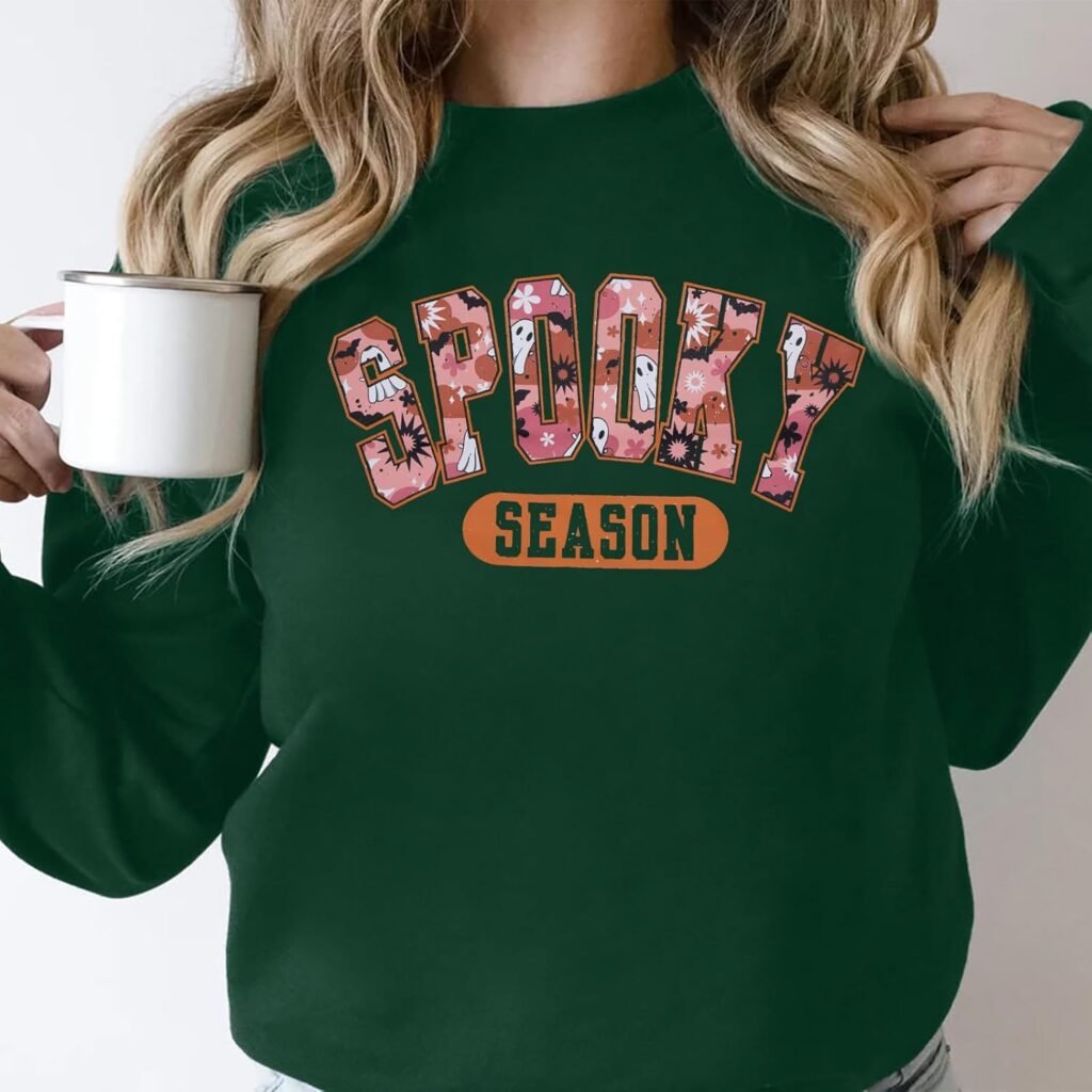 BANGELY Oversized Halloween Sweatshirt Women Vintage Spooky Season Pullover Top Spooky Vibes Letter Print Long Sleeve Shirt