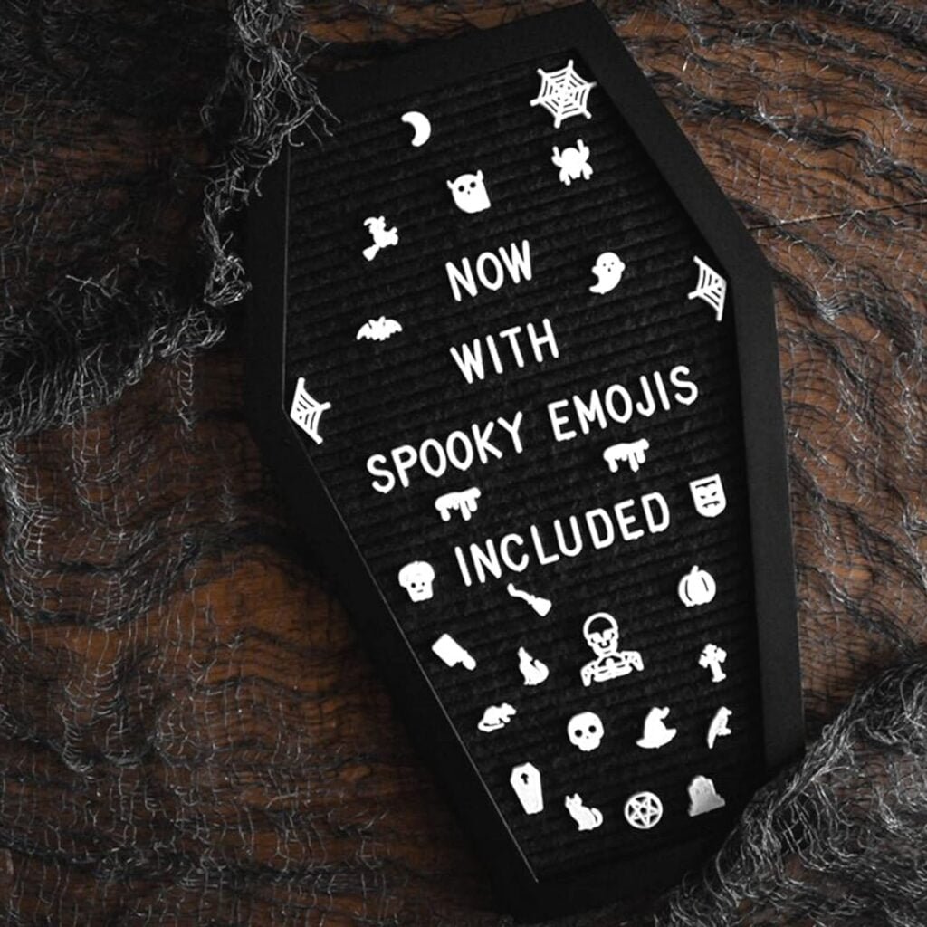 Coffin Letter Board Black With Spooky and All Seasons Emojis +500 Characters, and Wooden Stand - 17x10.5 Inches - Halloween Decorations Gothic Decor Spooky Gifts