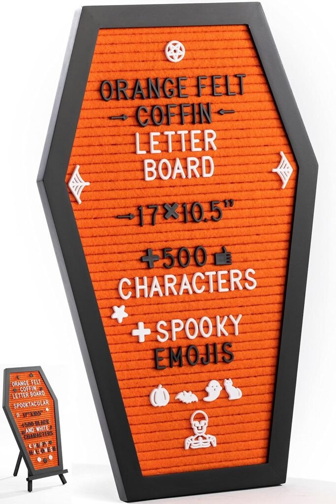 Coffin Letter Board Black With Spooky and All Seasons Emojis +500 Characters, and Wooden Stand - 17x10.5 Inches - Halloween Decorations Gothic Decor Spooky Gifts