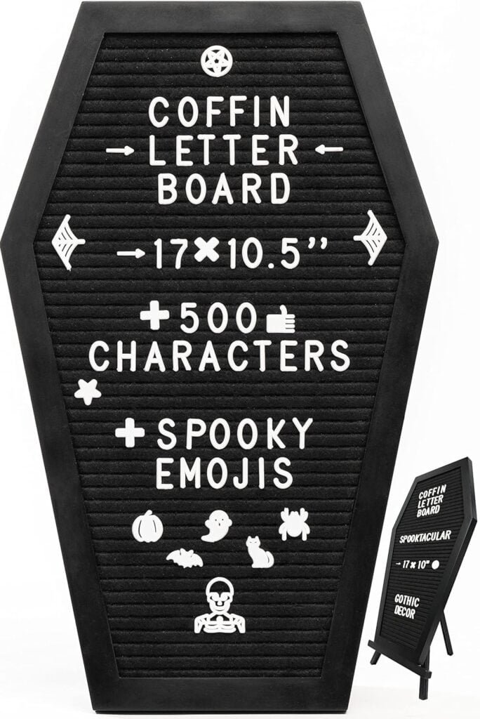 Coffin Letter Board Black With Spooky and All Seasons Emojis +500 Characters, and Wooden Stand - 17x10.5 Inches - Halloween Decorations Gothic Decor Spooky Gifts