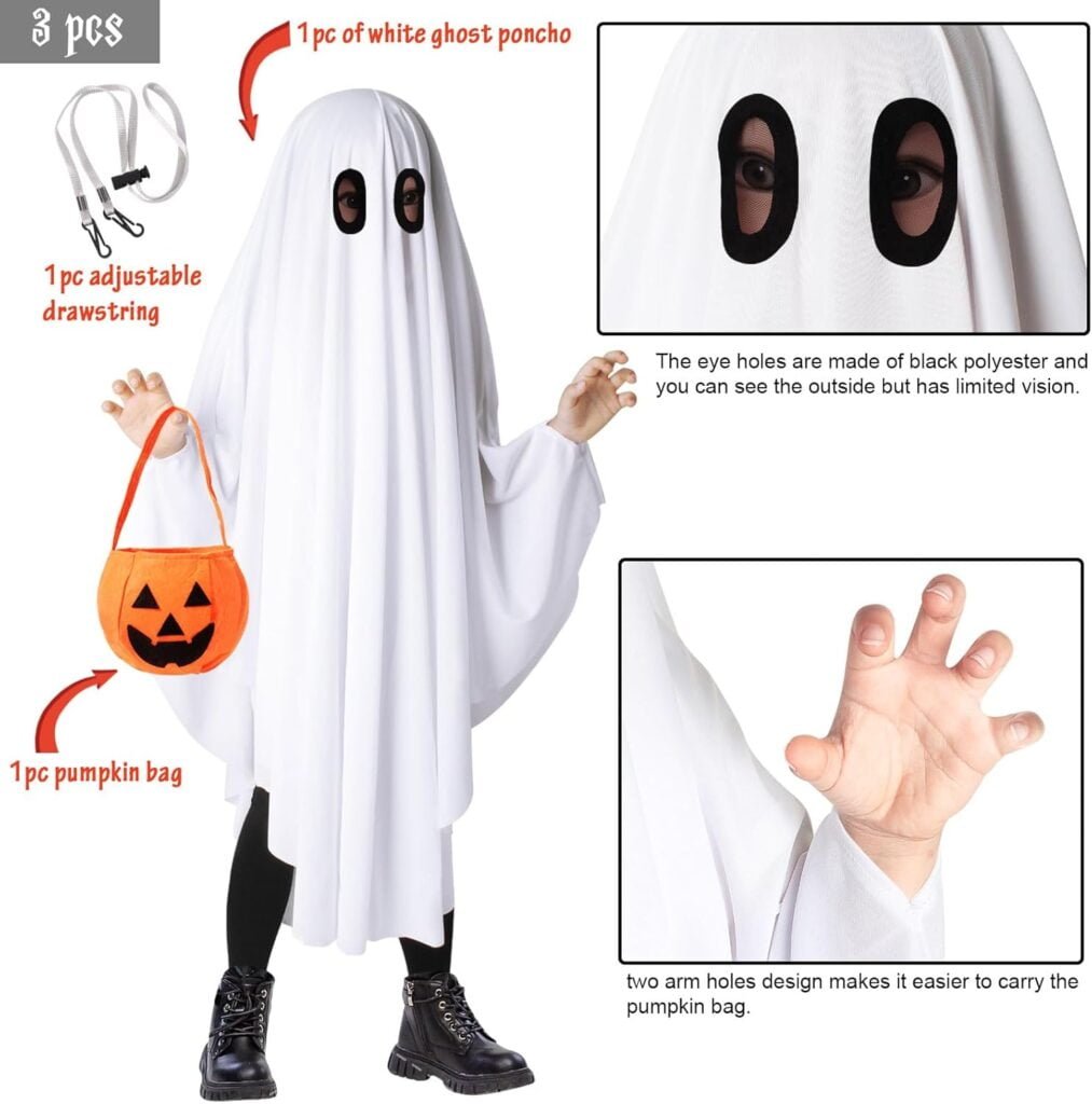 Oskiner Ghost Costume for Kids,White Ghost Costume with Pumpkin Bag, Spooky Halloween Costume for Boys Girls Toddler