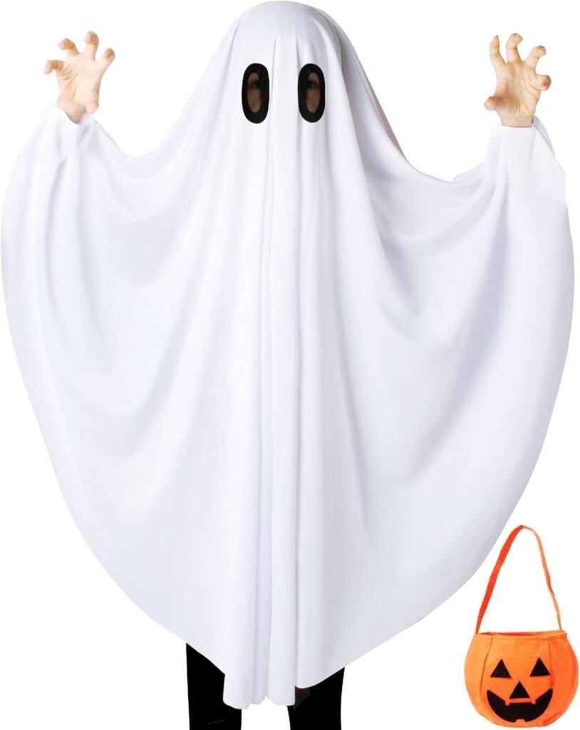 Oskiner Ghost Costume for Kids,White Ghost Costume with Pumpkin Bag, Spooky Halloween Costume for Boys Girls Toddler