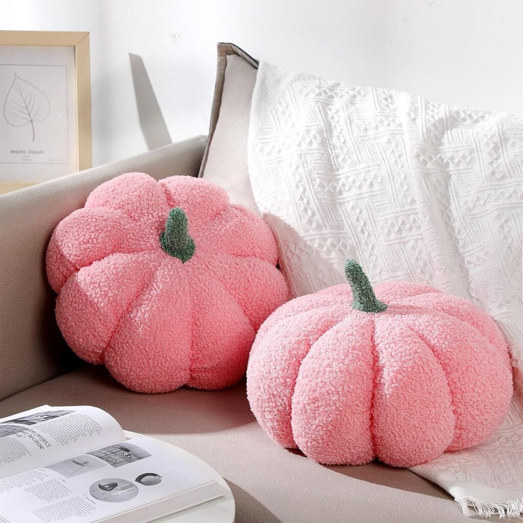 Queekay 2 Pcs Pumpkin Throw Pillow Fall Thanksgiving Pumpkin Pillow 11 x 9.5 Inch 3D Halloween Pumpkin Pillow Sofa Throw Pillow Cushion Home Decoration for Car Bedroom Couch(Pink)