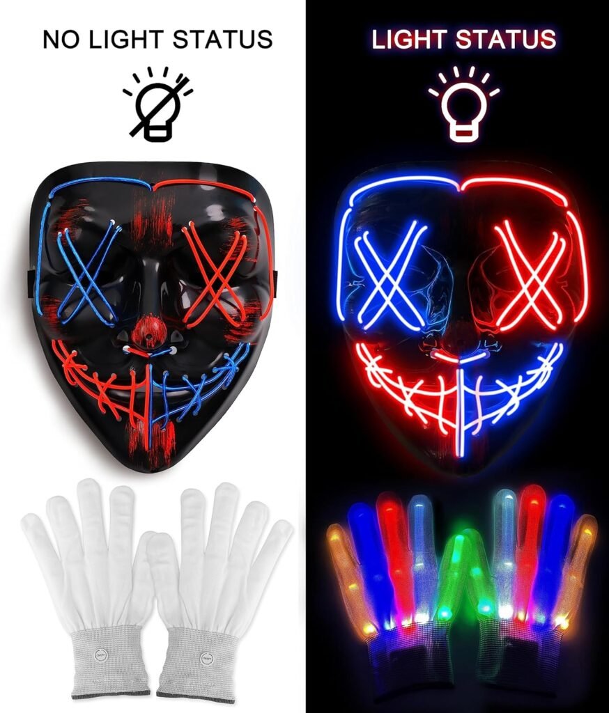 Sago Brothers Halloween Mask Skeleton Gloves Set, Light Up Scary LED Mask with Glow Gloves, Halloween Costumes for Boys Girls