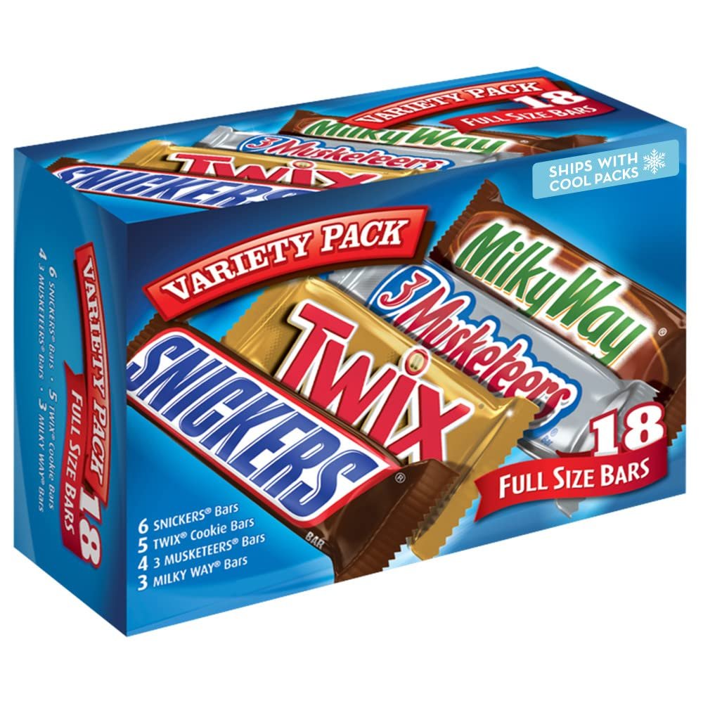 SNICKERS, TWIX, MILKY WAY  3 MUSKETEERS Milk Chocolate Bar Variety Pack Graduation Gifts, 18 Ct Bulk Box