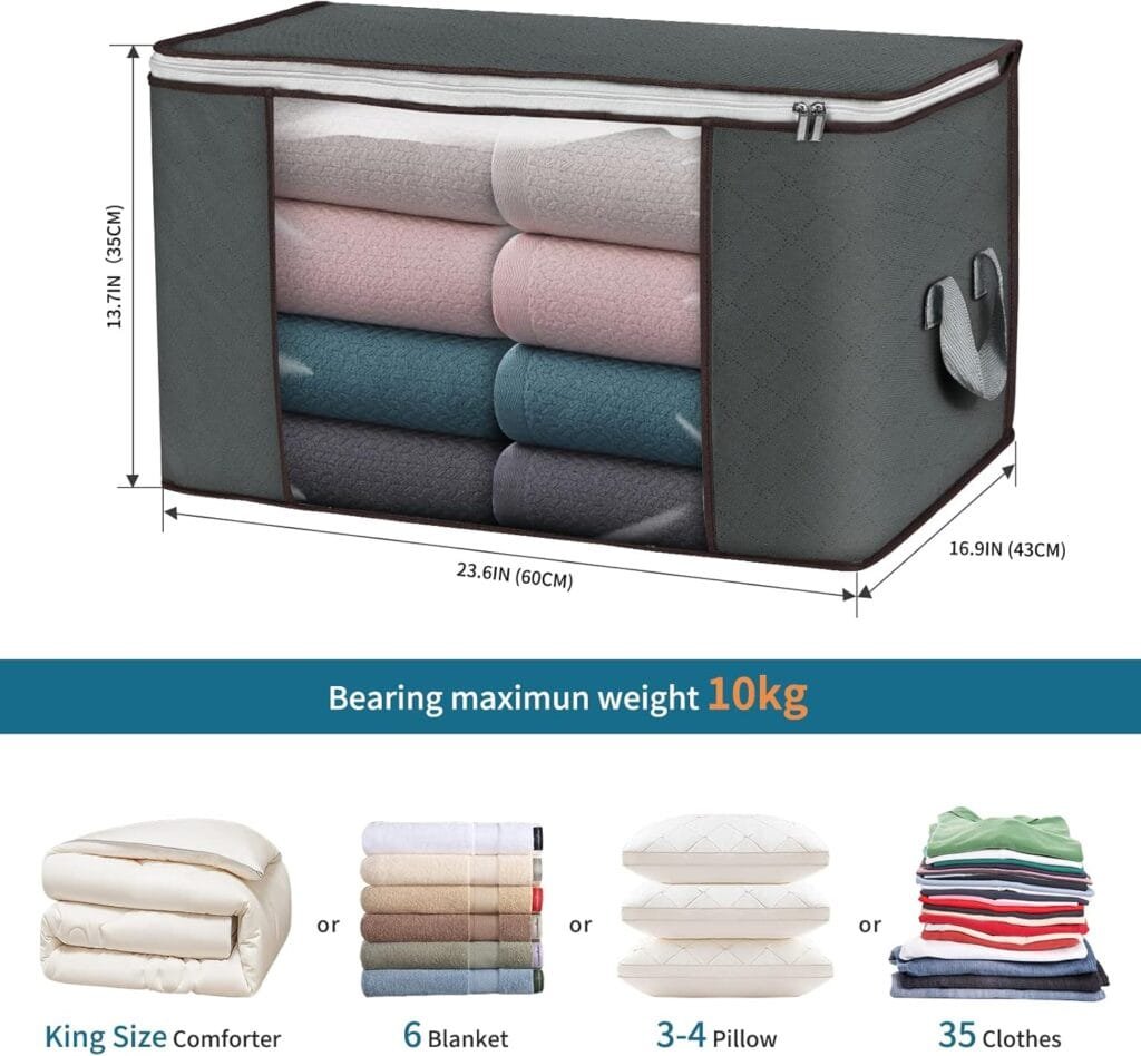 90 L Large Storage Bags, 6 Pack Clothes Storage Bins Foldable Closet Organizers Storage Containers with Reinforced Handle for Clothing, Blanket, Comforters, Bed Sheets, Pillows and Toys (Gray)