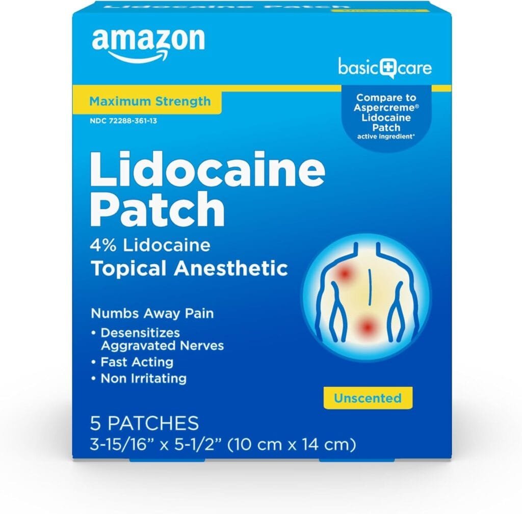 Amazon Basic Care Maximum Strength OTC Pain Relief , 4% Lidocaine Patch, 3.9” x 5.5”, 15-Count Box (Previously HealthWise)