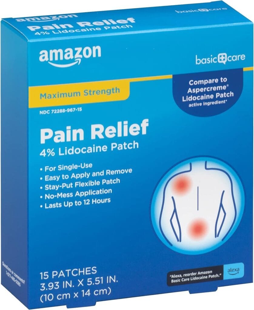 Amazon Basic Care Maximum Strength OTC Pain Relief , 4% Lidocaine Patch, 3.9” x 5.5”, 15-Count Box (Previously HealthWise)