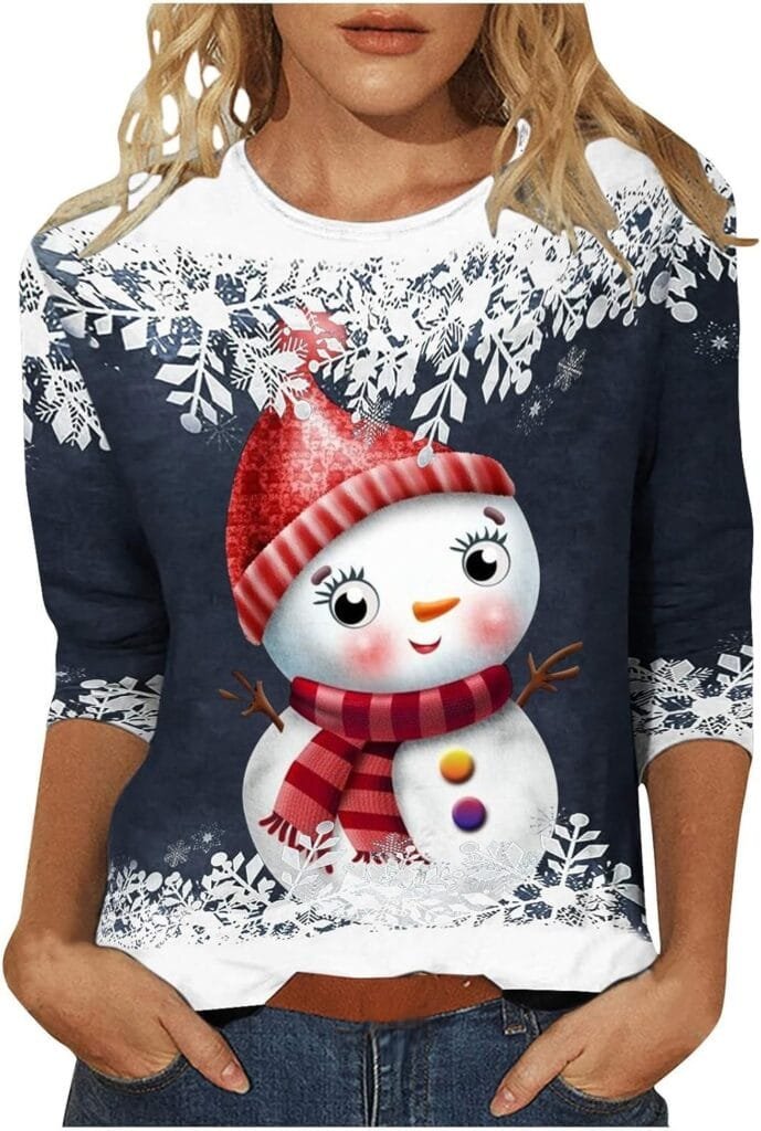 Christmas Shirts for Women Xmas Crewneck Tunic Blouse 3/4 Sleeve Cotton Crewneck Pullover Blouse Gifts Tunic Tshirt