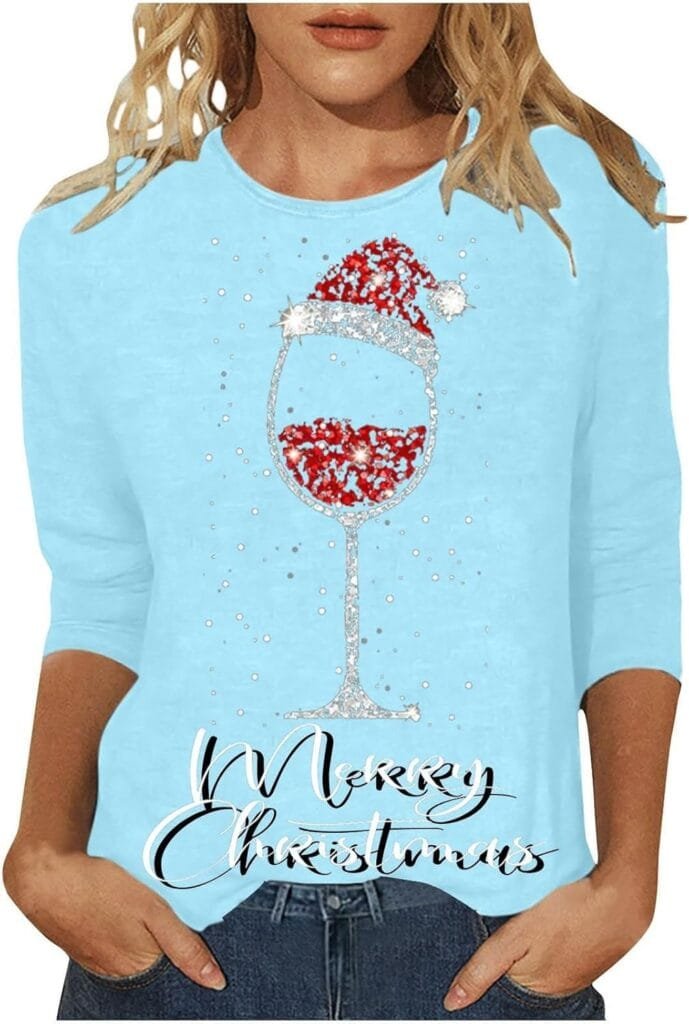 Christmas Sweaters for Women Xmas Crewneck Tunic Blouse 3/4 Sleeve Crewneck Pullover Blouse Cotton Tunic Tshirt