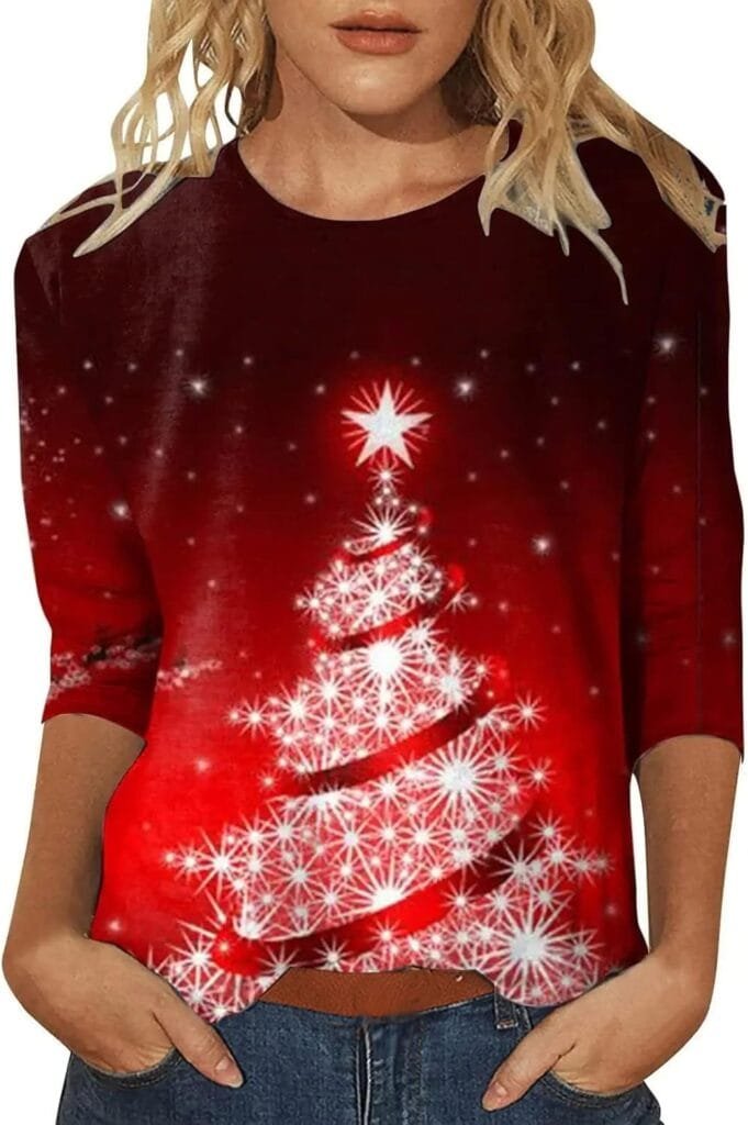 Christmas Sweaters for Women Xmas Crewneck Tunic Blouse 3/4 Sleeve Crewneck Pullover Blouse Cotton Tunic Tshirt