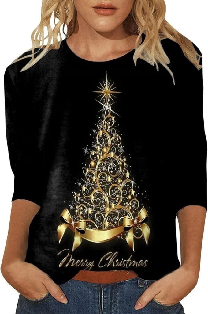 Christmas Sweaters for Women Xmas Crewneck Tunic Blouse 3/4 Sleeve Crewneck Pullover Blouse Cotton Tunic Tshirt