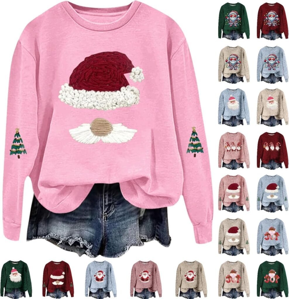 Christmas Ugly Sweatshirts for Women Funny Cute Xmas Shirts Long Sleeve Creweck Knit Holiday Pullover Tops