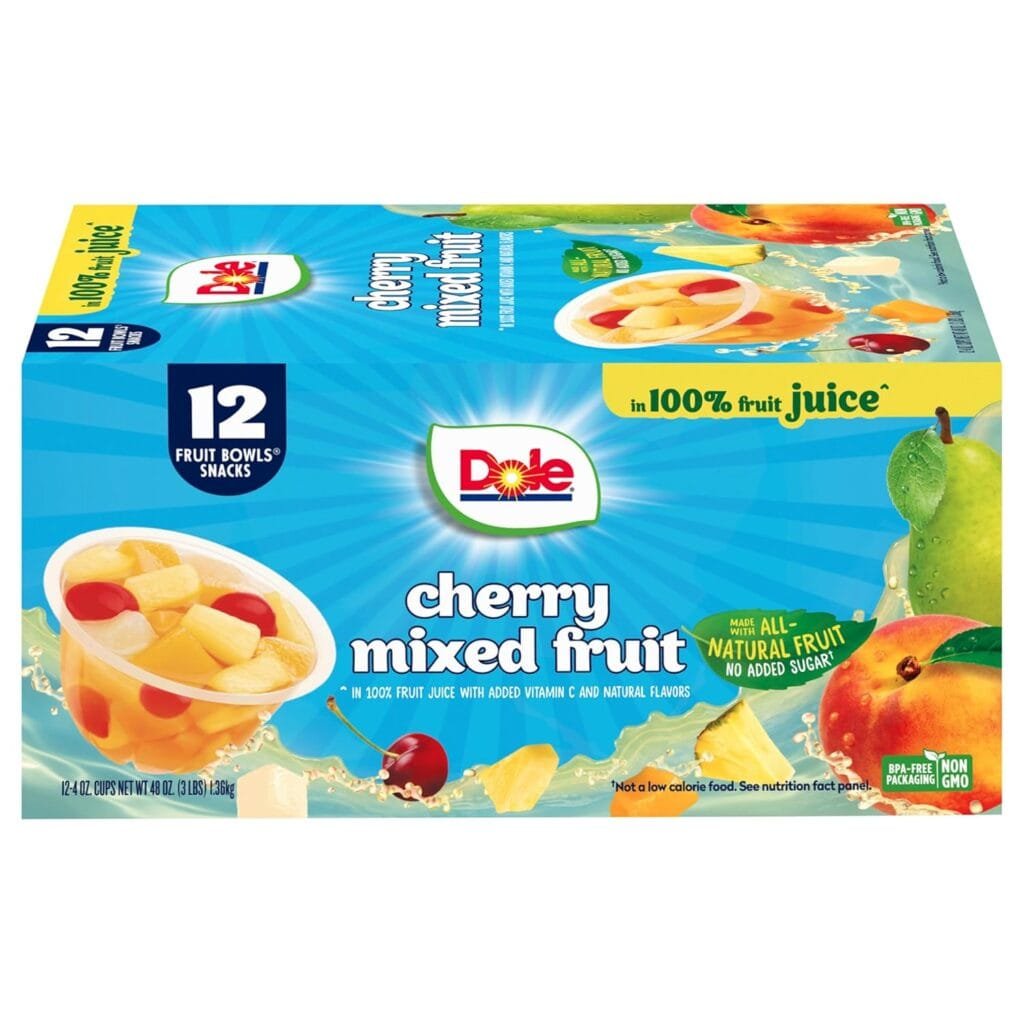 Dole Cherry Mixed Fruit in 100% Juice^ - Dole Fruit Bowls Snacks - 4 oz Fruit Bowls - 12 Pack