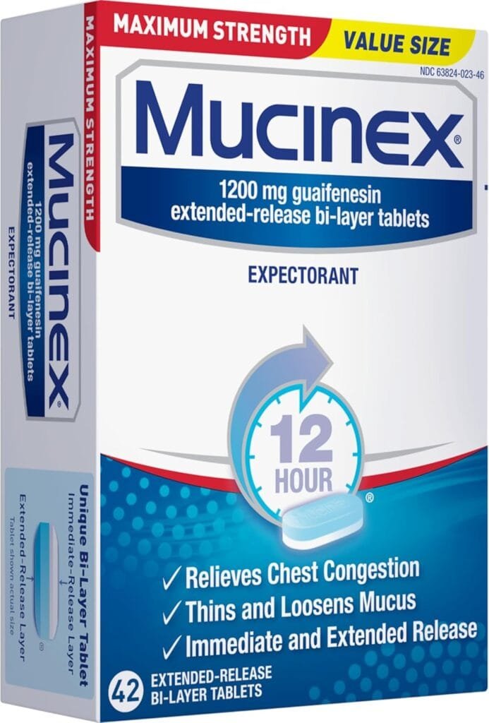 Mucinex 12 Hour 1200mg Maximum Strength Guaifenesin Chest Congestion  Mucus Relief, Guaifenesin Expectorant Aids Mucus Removal, Chest Decongestant for Adults, Dr Recommended, 42ct Tablets