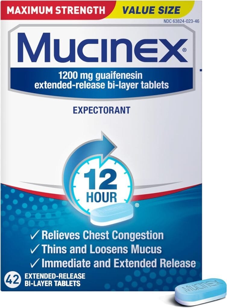 Mucinex 12 Hour 1200mg Maximum Strength Guaifenesin Chest Congestion  Mucus Relief, Guaifenesin Expectorant Aids Mucus Removal, Chest Decongestant for Adults, Dr Recommended, 42ct Tablets