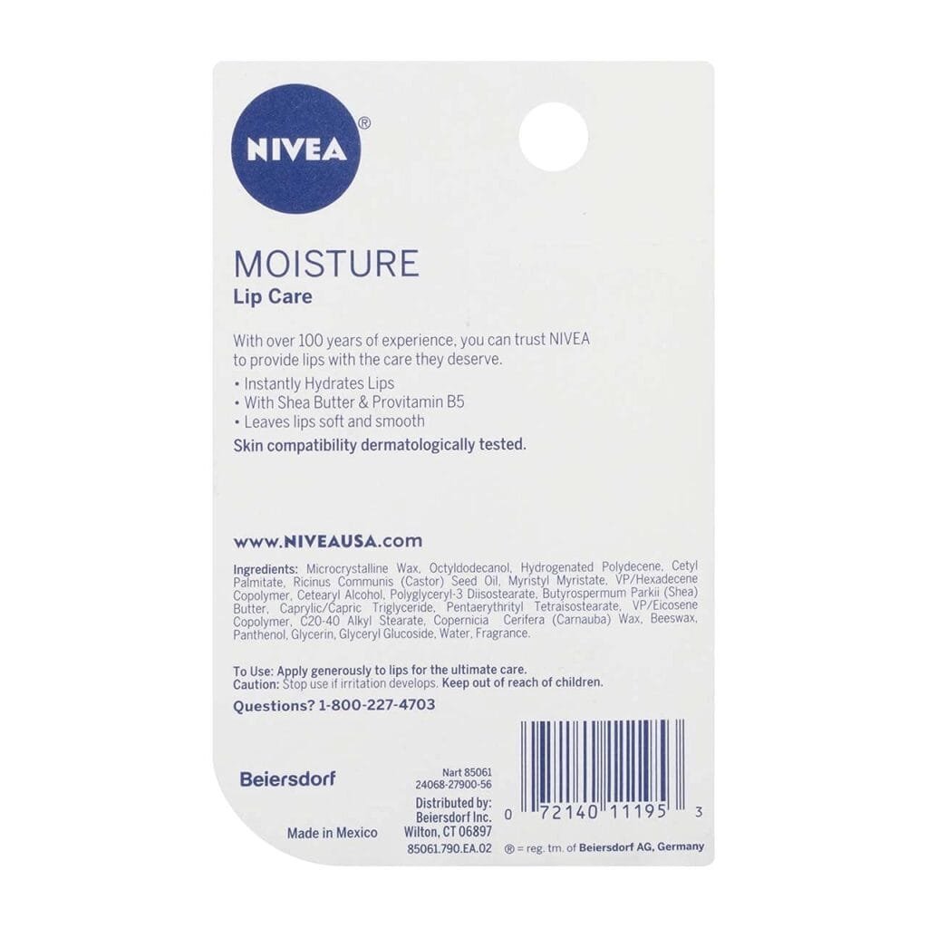 NIVEA Moisture Lip Care, Lip Balm Stick with Shea Butter, Jojoba Oil and Avocado Oil, 0.17 Oz, Pack of 4