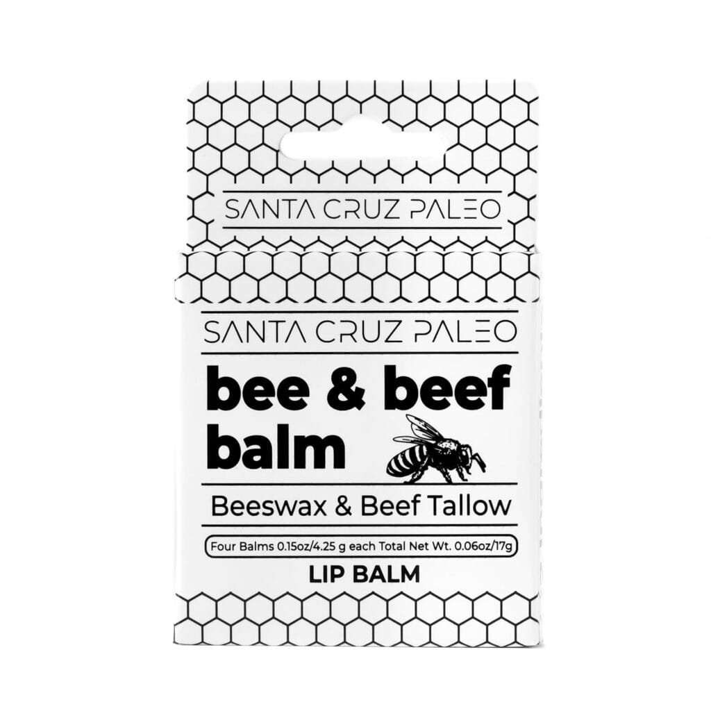 Santa Cruz Paleo Beef Tallow Beeswax Lip Balm Hydrating Moisturizer, Natural Grass Fed Lip Care Tallow Balm Soothes Chapped, Dry Lips, Hypoallergenic for Sensitive Skin, Long Lasting  Vitamin Rich