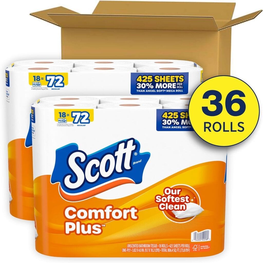 Scott ComfortPlus Toilet Paper, 12 Double Rolls, 231 Sheets per Roll, Septic-Safe, 1-Ply Toilet Tissue