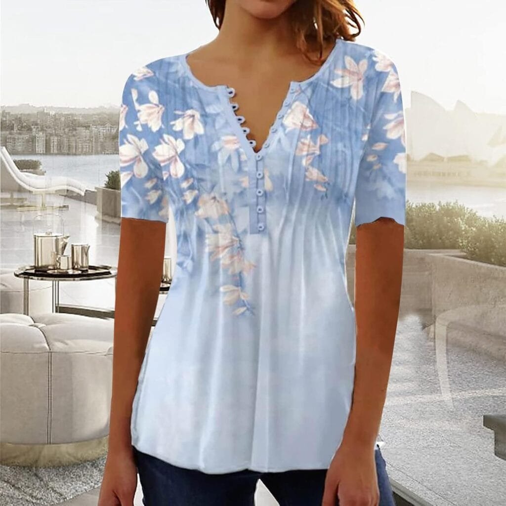 Summer Tops for Women 2024 Trendy Boho Floral Print Tunic Shirts Short Sleeve Button v Neck Tshirt Casual Loose Blouse