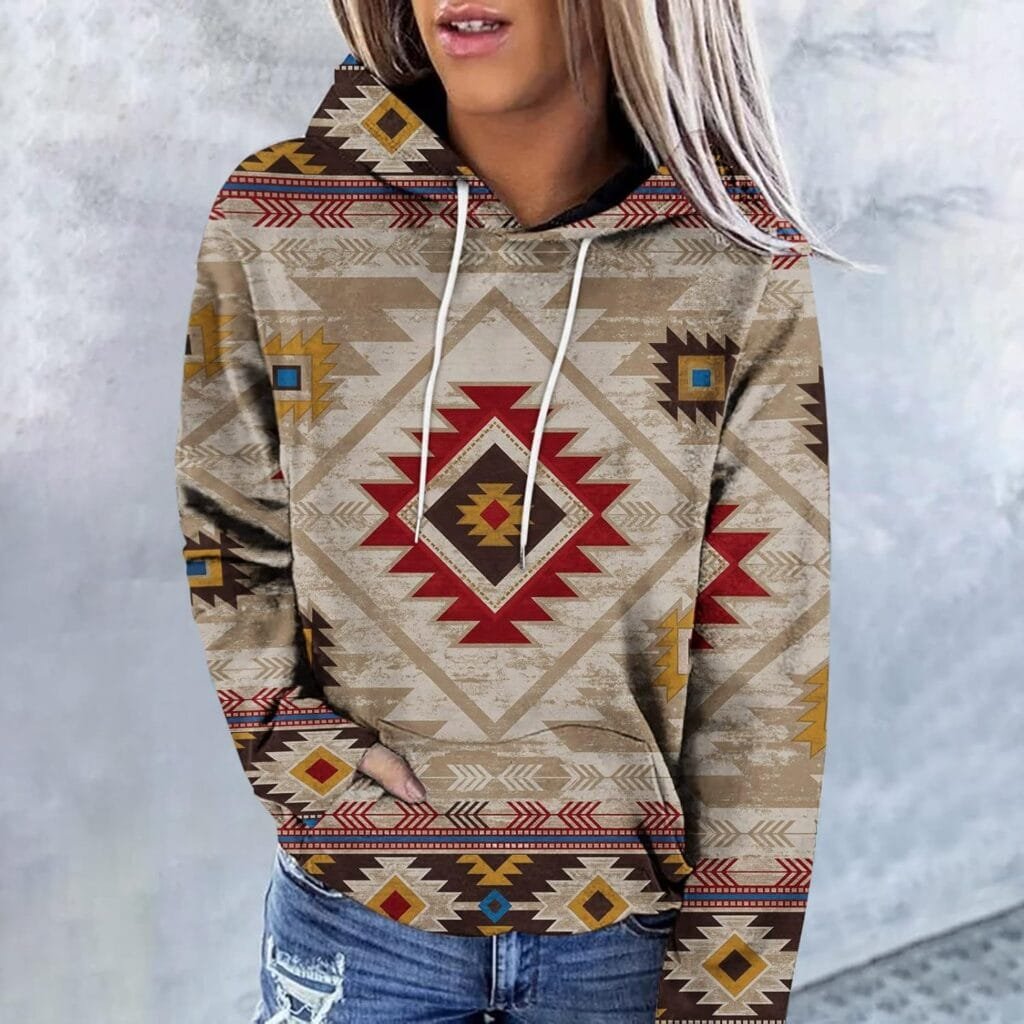 Womens Western Aztec Ethnic Style Hooded Sweatshirts Casual Folk Pullover Long Sleeve Pocket Hoodies