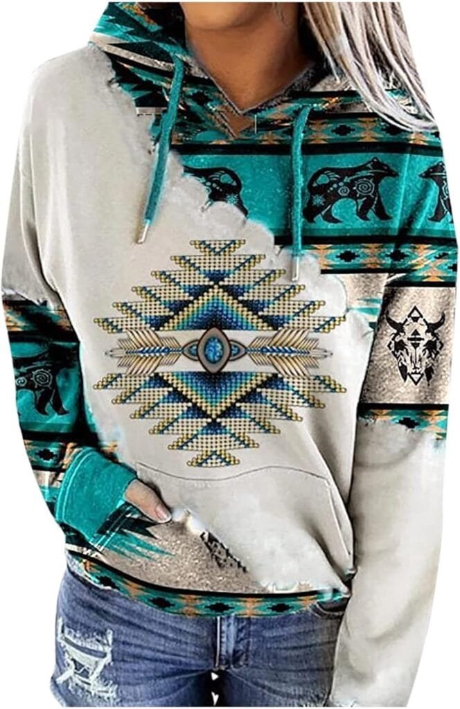 Womens Western Aztec Ethnic Style Hooded Sweatshirts Casual Folk Pullover Long Sleeve Pocket Hoodies