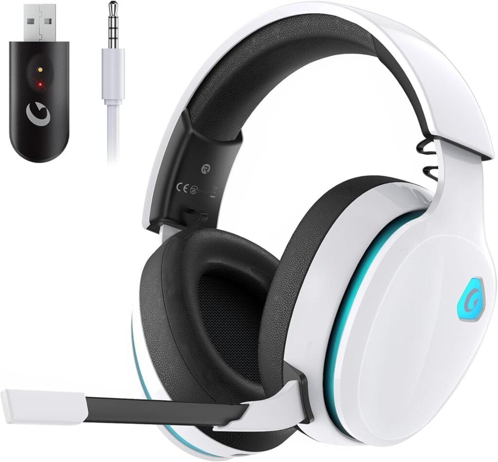 2.4GHz Wireless Gaming Headset for PS5, PS4 Fortnite  Call of Duty/FPS Gamers, PC, Nintendo Switch, Bluetooth 5.3 Gaming Headphones with Noise Canceling Mic, Stereo Sound, 40+Hr Battery -White