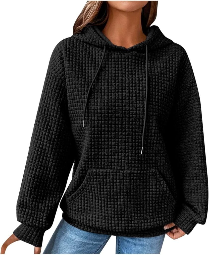 AutumnWinter Hoodies for Women Waffle Pullover Casual Loose Hooded Sweatshirt with Pocket Long Sleeve Drawstring Tops