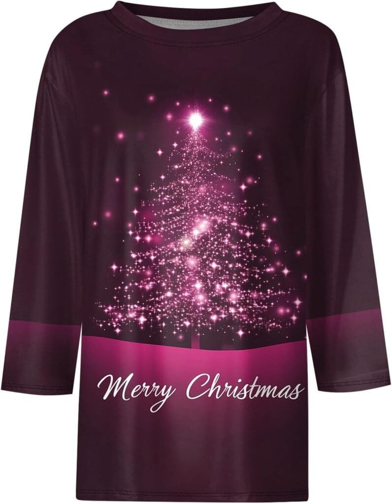 Christmas Tops for Women 2024 Merry Christmas Long Sleeve Shirts Xmas Tree Print 3/4 Length Sleeve Womens Blouses