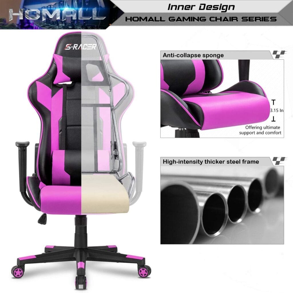 Homall Gaming Chair, Office Chair High Back Computer Chair Leather Desk Chair Racing Executive Ergonomic Adjustable Swivel Task Chair with Headrest and Lumbar Support (White)