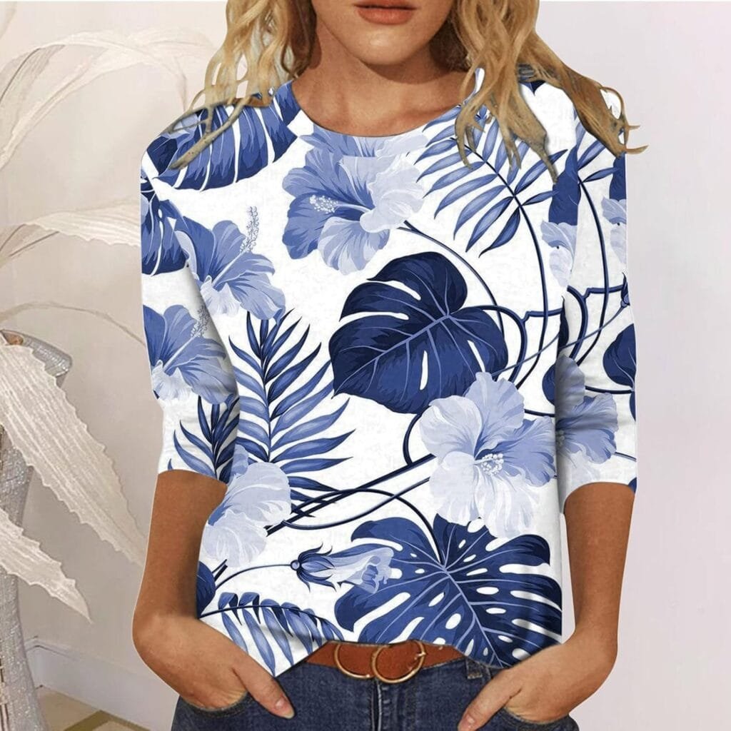 Womens Summer Tops,Women Summer Tops Floral Print Pattern Casual T-Shirts 3/4 Sleeve Crewneck Shirts Loose T-Shirt,Best Buys on Amazon Today