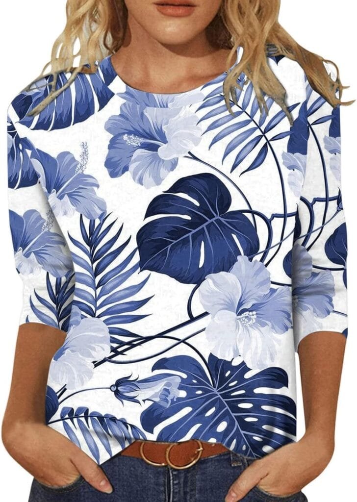 Womens Summer Tops,Women Summer Tops Floral Print Pattern Casual T-Shirts 3/4 Sleeve Crewneck Shirts Loose T-Shirt,Best Buys on Amazon Today