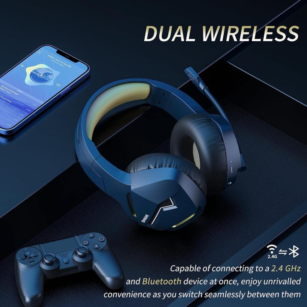 BINNUNE Wireless Gaming Headset with Microphone for PC PS4 PS5, 2.4G Wireless Bluetooth USB Gamer Headphones with Mic for Laptop Computer