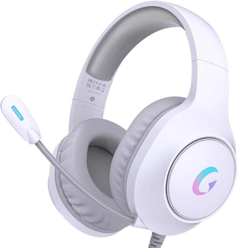 CM7002 Gaming Headset for PS5, PS4, PC, Mac, Switch, Xbox Series, Surround Sound RGB Gaming Headphones with Noise Canceling Microphone, 50MM Dynamic Drivers, 3.5MM Audio Jack, Light White