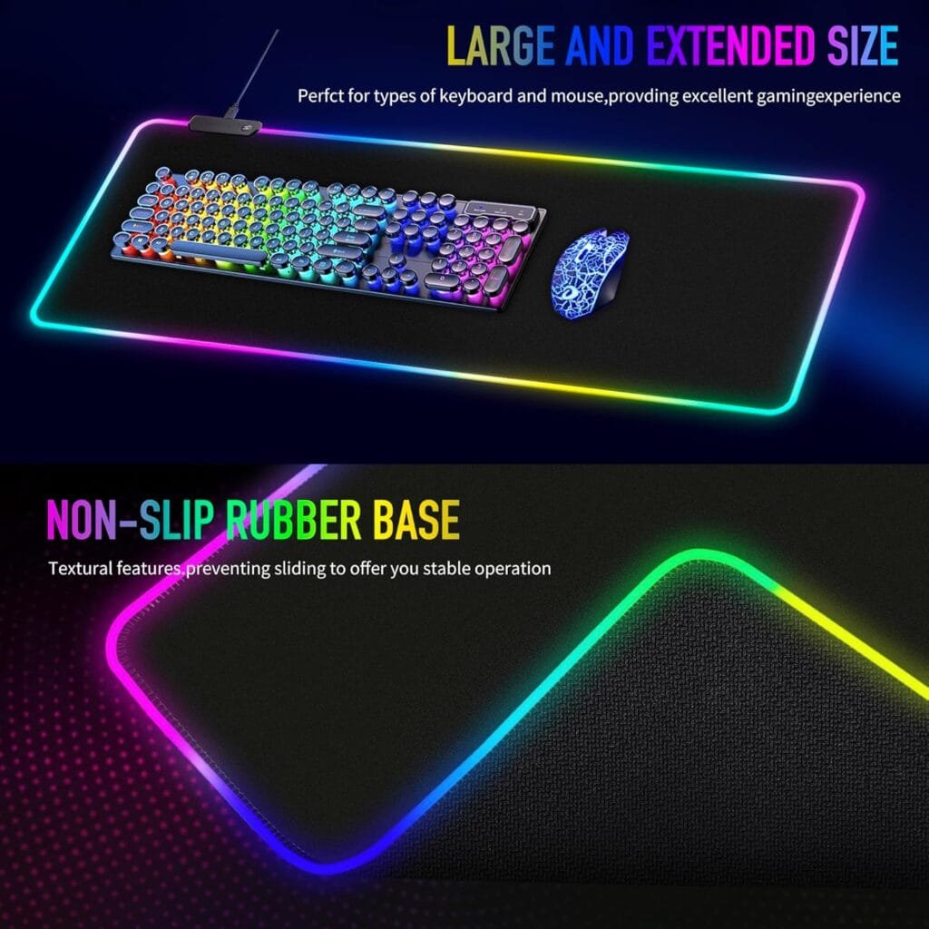 Large RGB Gaming Mouse Pad -15 Light Modes Touch Control Extended Soft Computer Keyboard Mat Non-Slip Rubber Base for Gamer Esports Pros 31.5X11.8 in