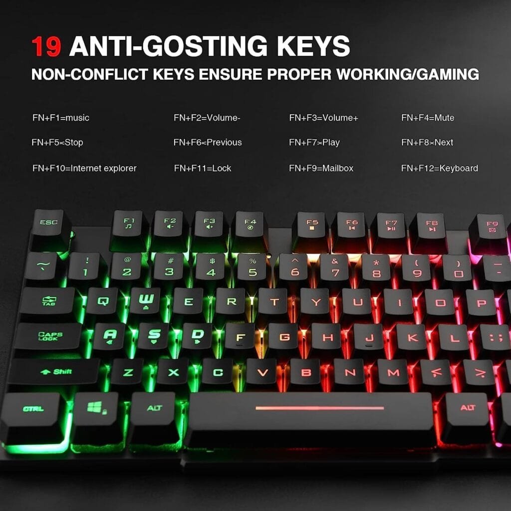 Rii RK100+ Multiple Color Rainbow LED Backlit Large Size USB Wired Mechanical Feeling Multimedia PC Gaming Keyboard,Office Keyboard for Working or Primer Gaming,Office Device